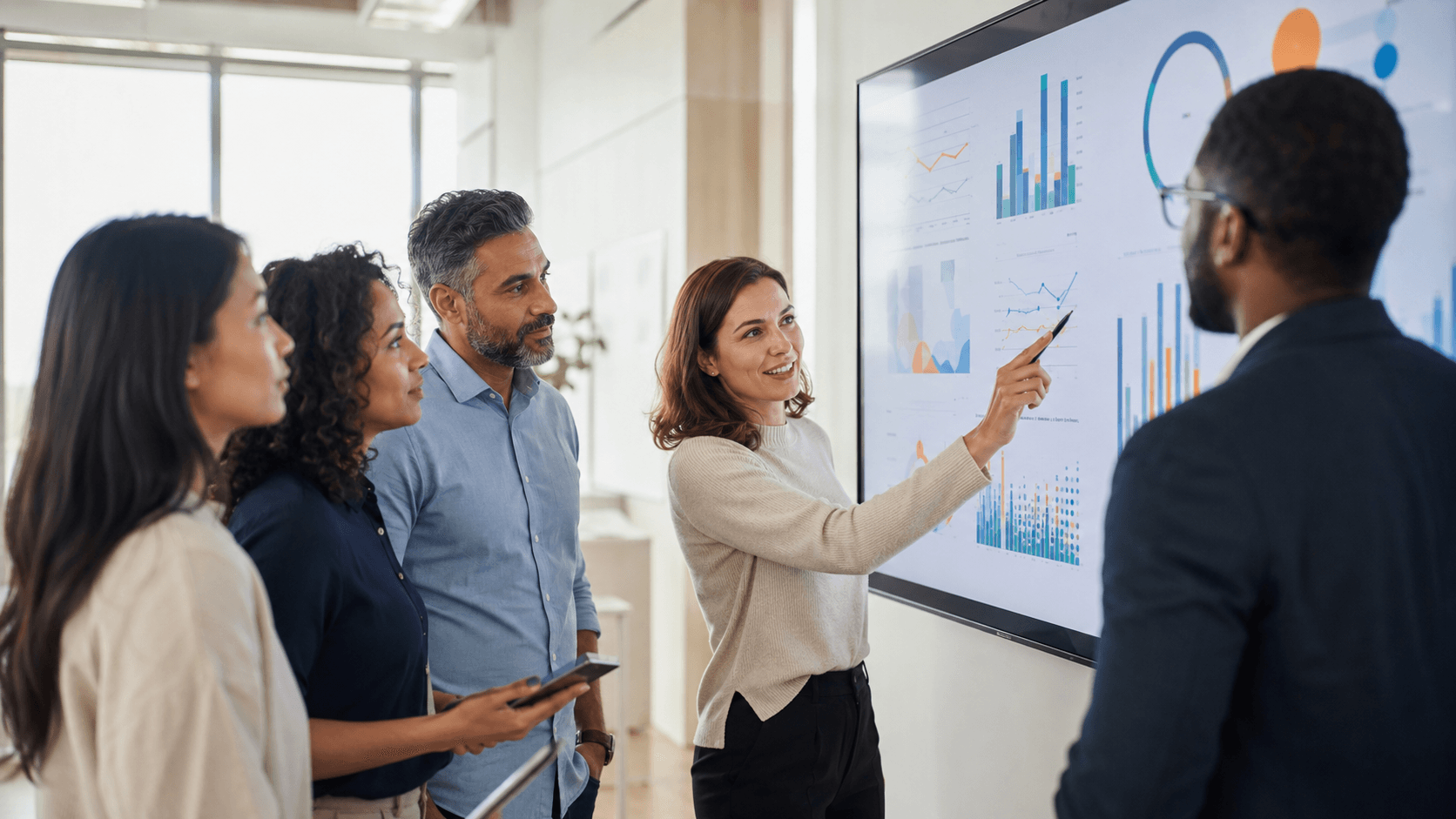 EdTech professionals collaborating in a modern workspace